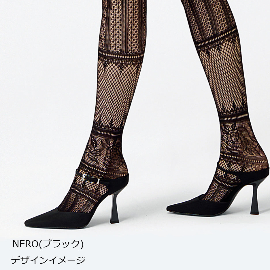 【ダナ】ジオメトリック&フラワーモチーフレースネットハイソックス