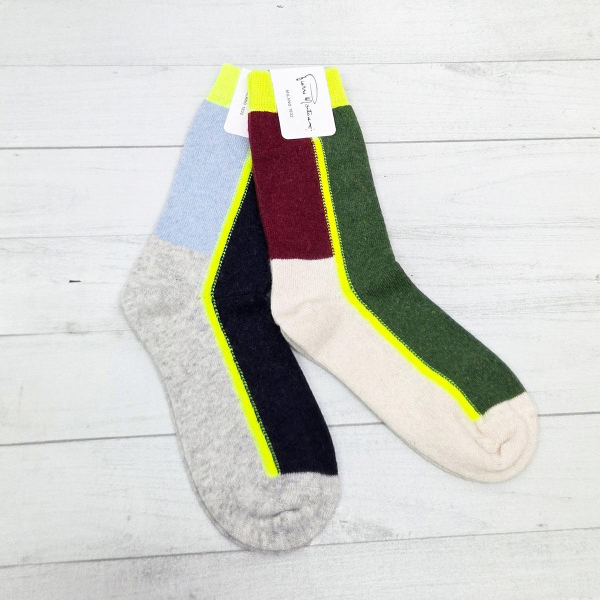 【ナルヴィ】メリノウール&カシミヤ カラーブロックミッドソックス