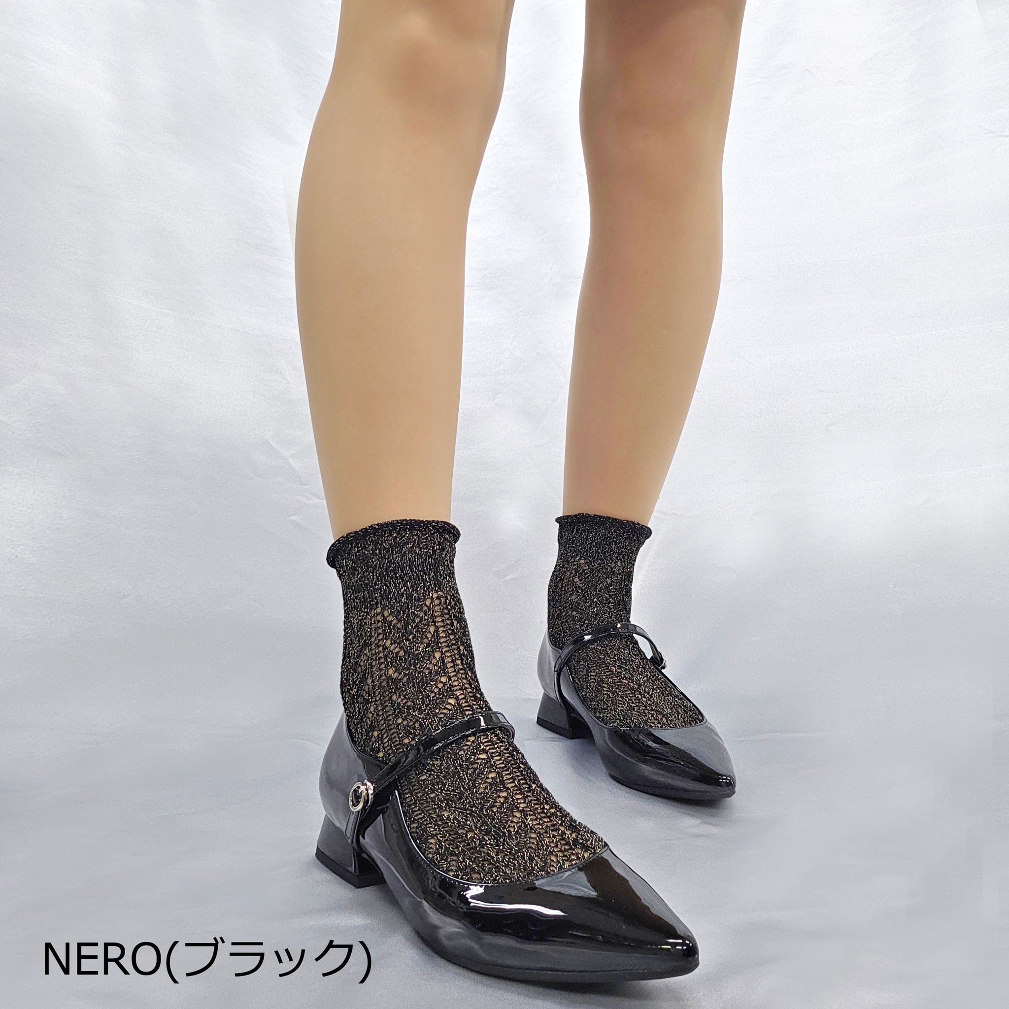 【トレド】ヘリンボーン柄のコットン・ラメクルーソックス