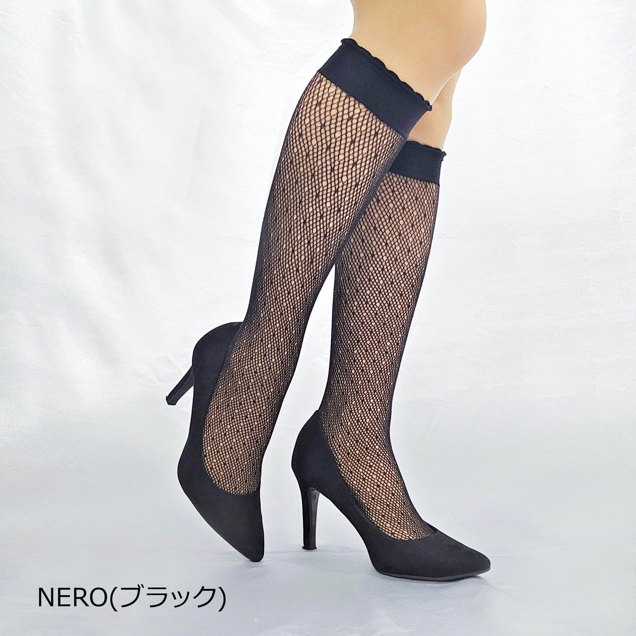 【アンブル】ドットモチーフネットハイソックス