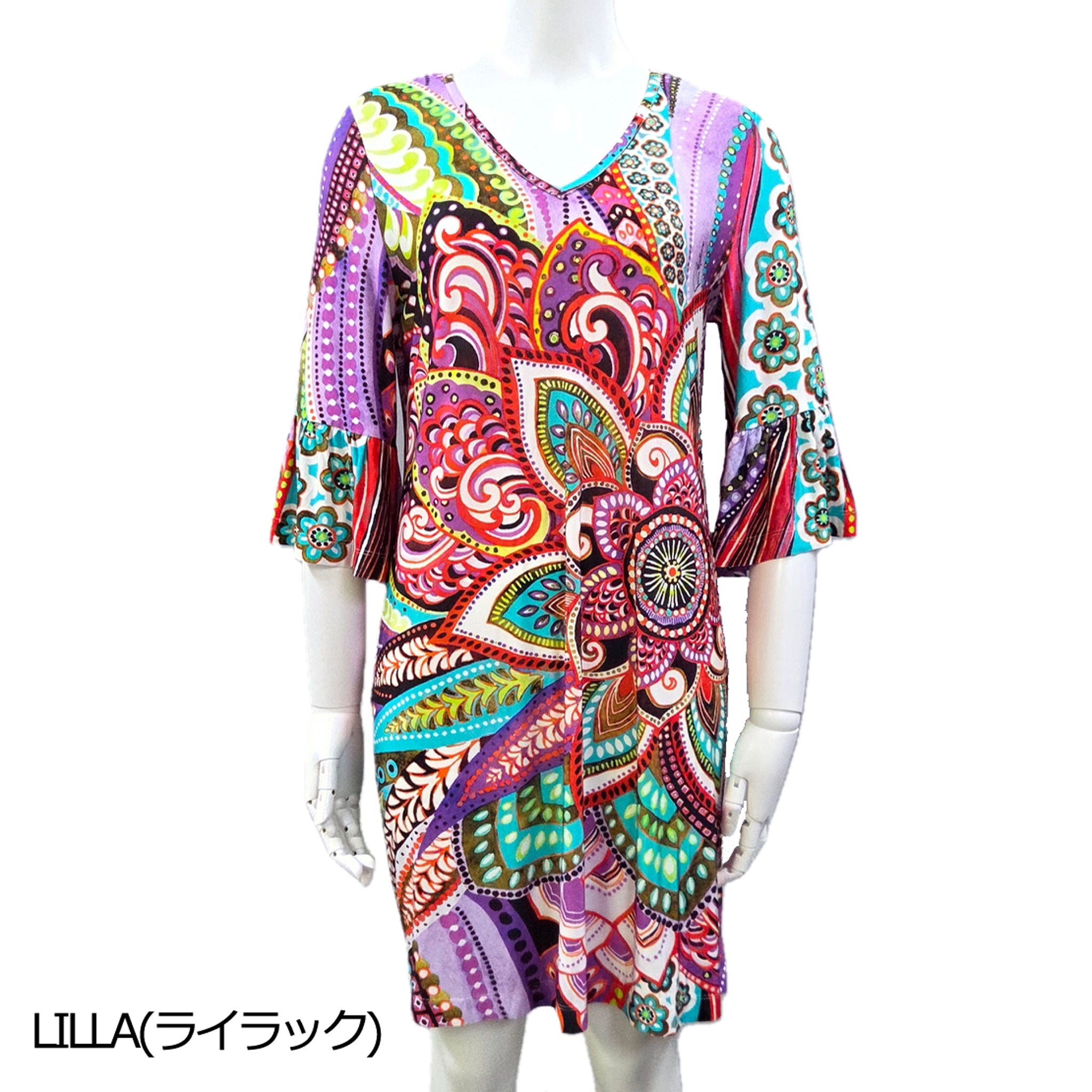 【ペイズリー】カシミヤデコレーションをあしらったプリントチュニックワンピース