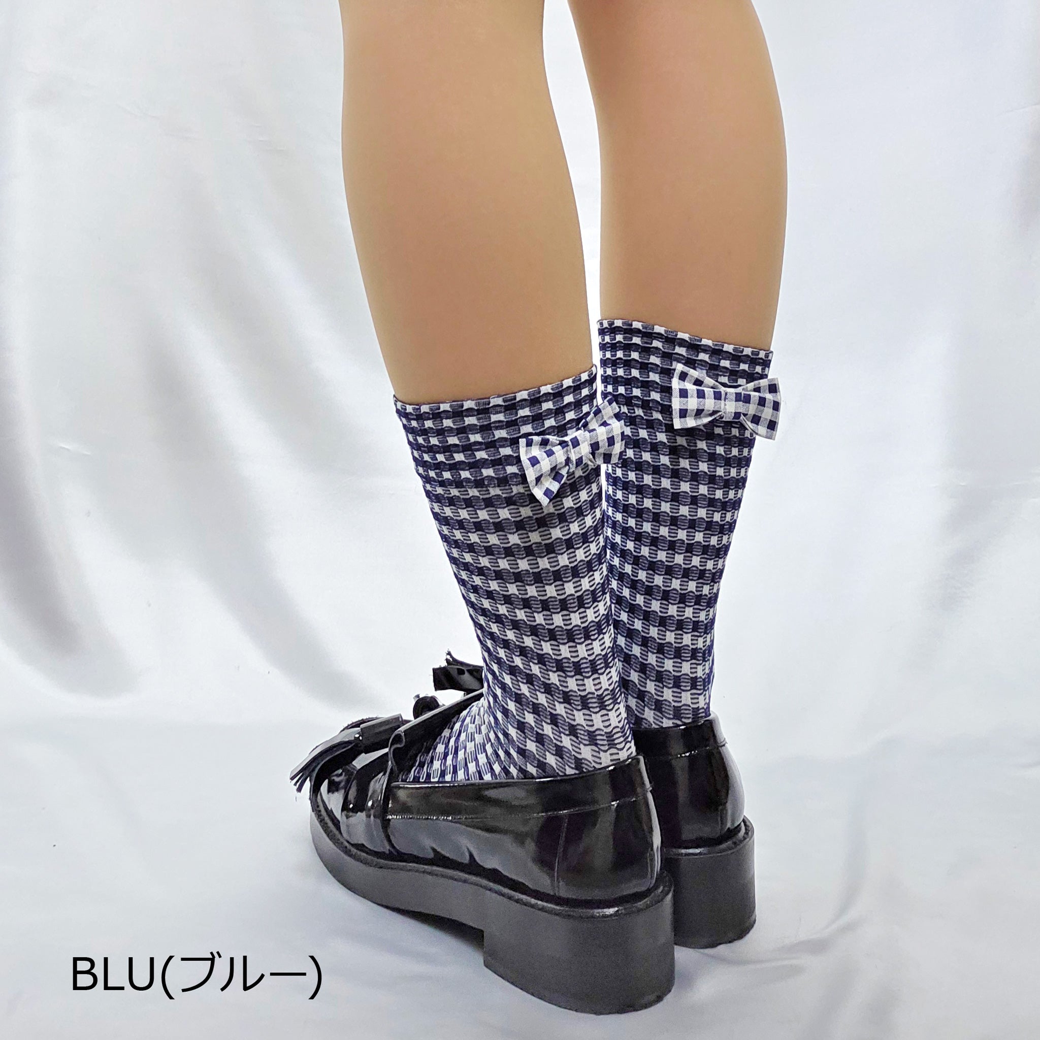 【オックスフォード】チェック＆フロントリボンソックス