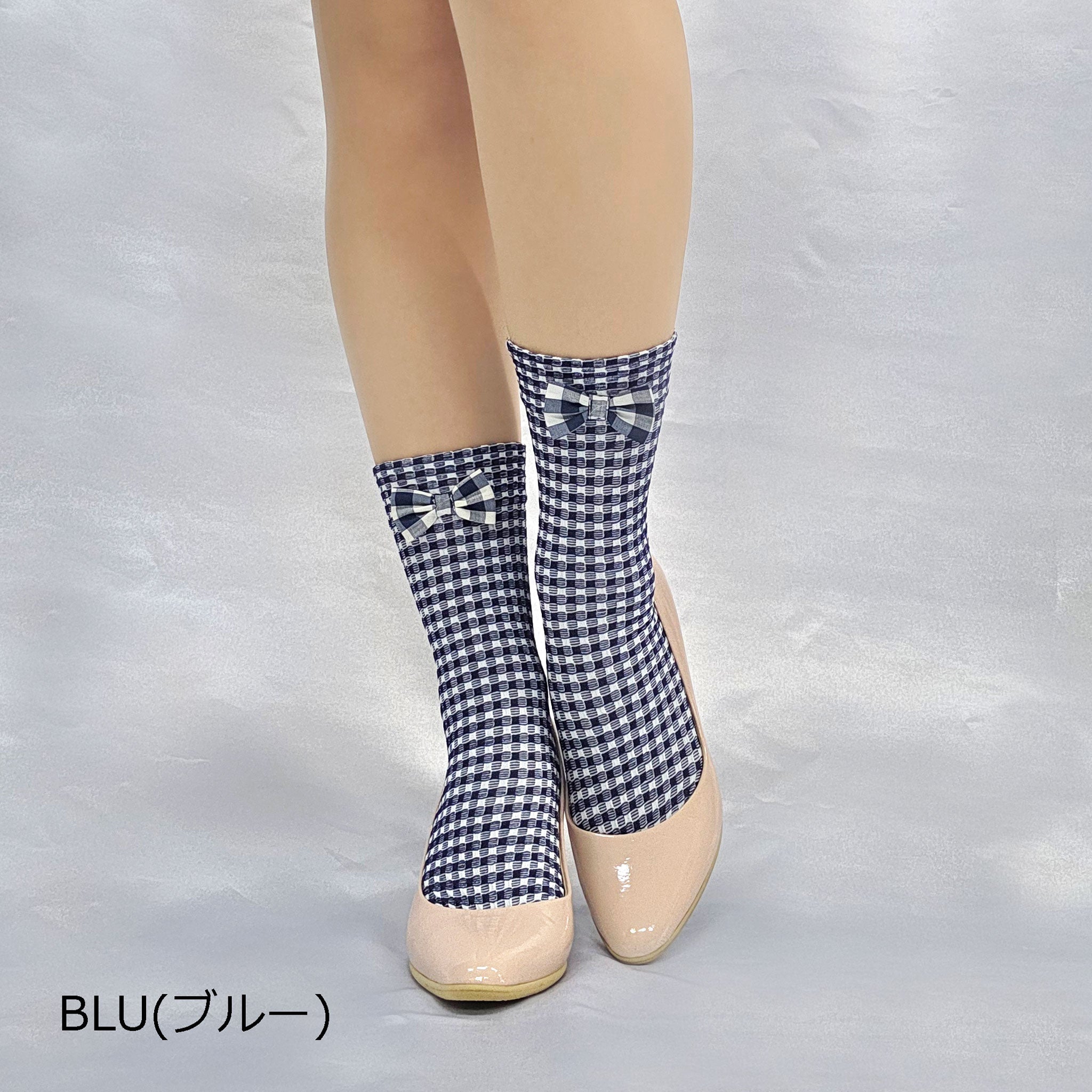 【オックスフォード】チェック＆フロントリボンソックス