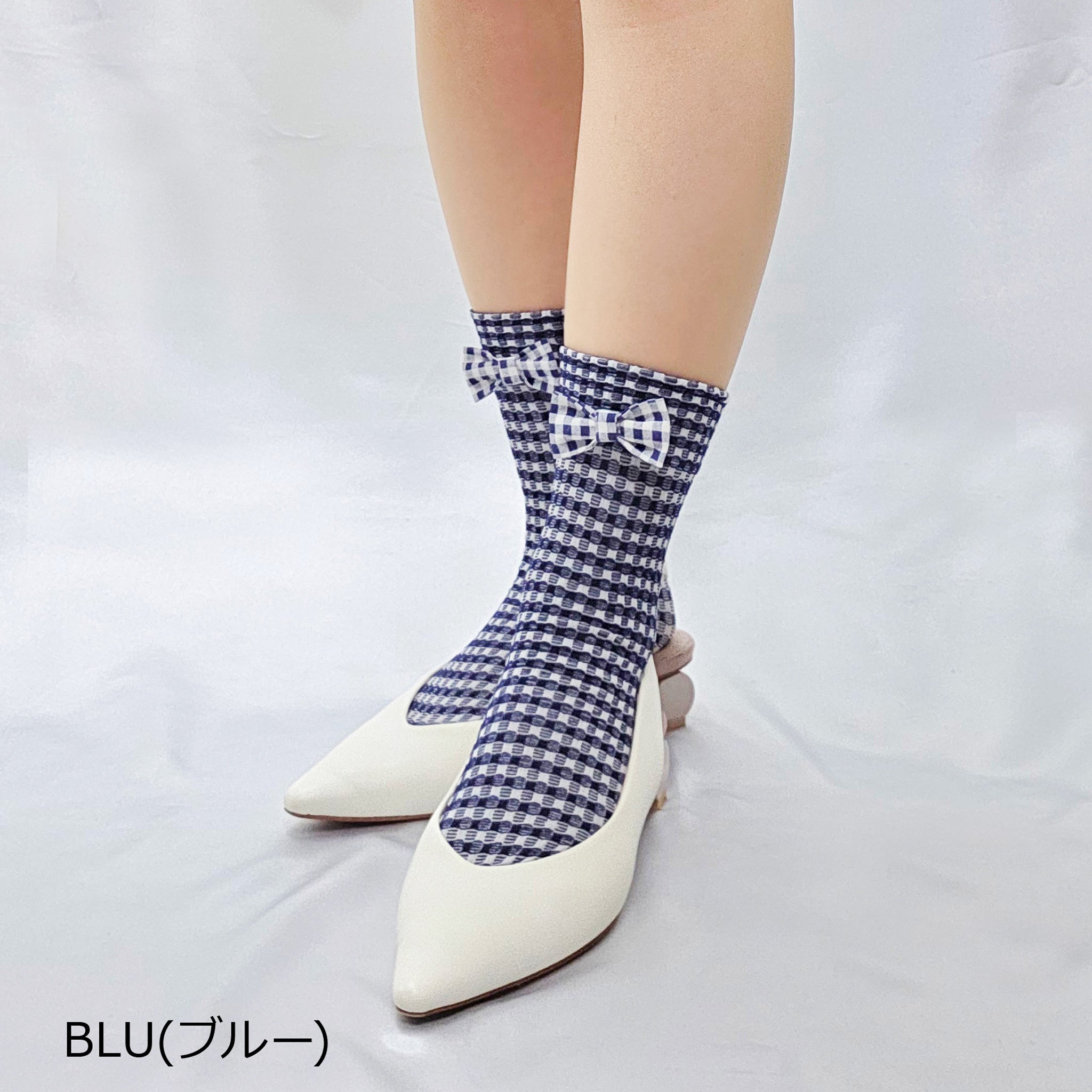 【オックスフォード】チェック＆フロントリボンソックス