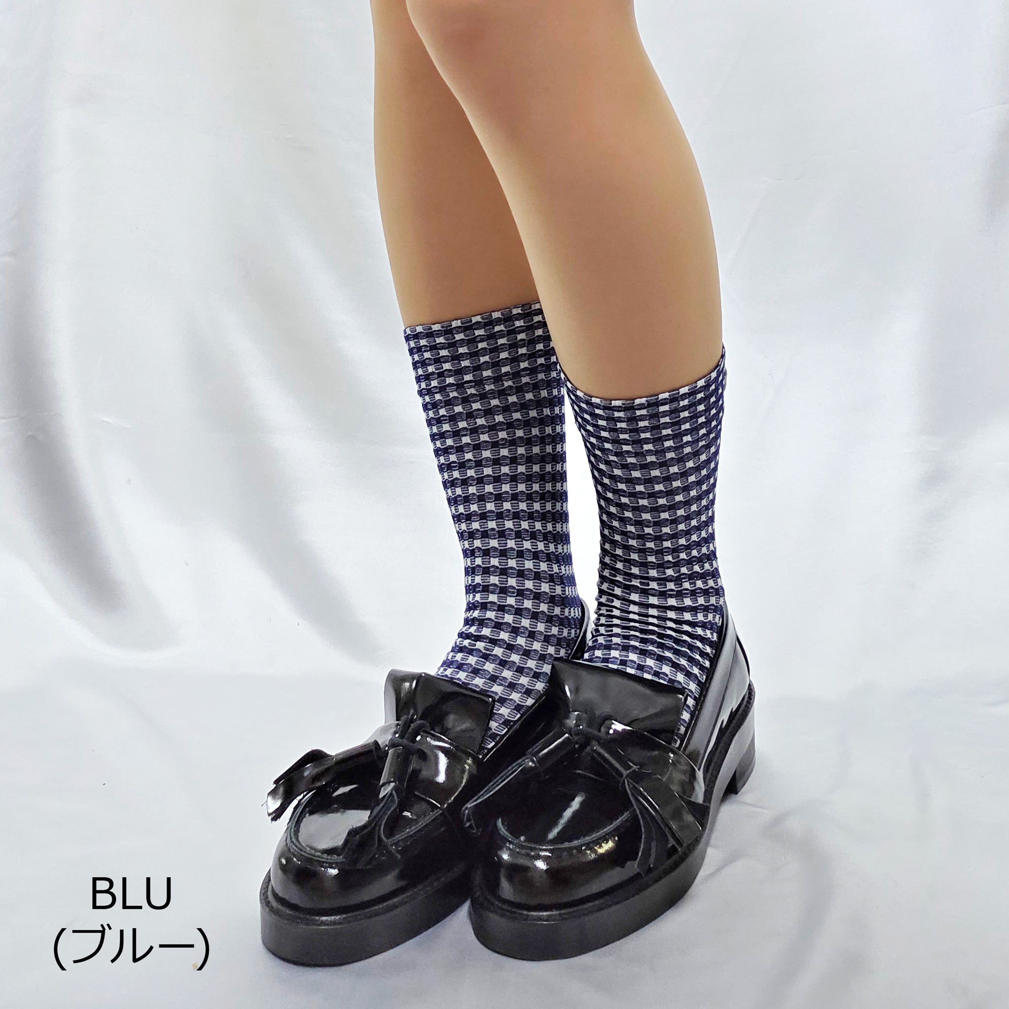 【オックスフォード】チェック＆フロントリボンソックス