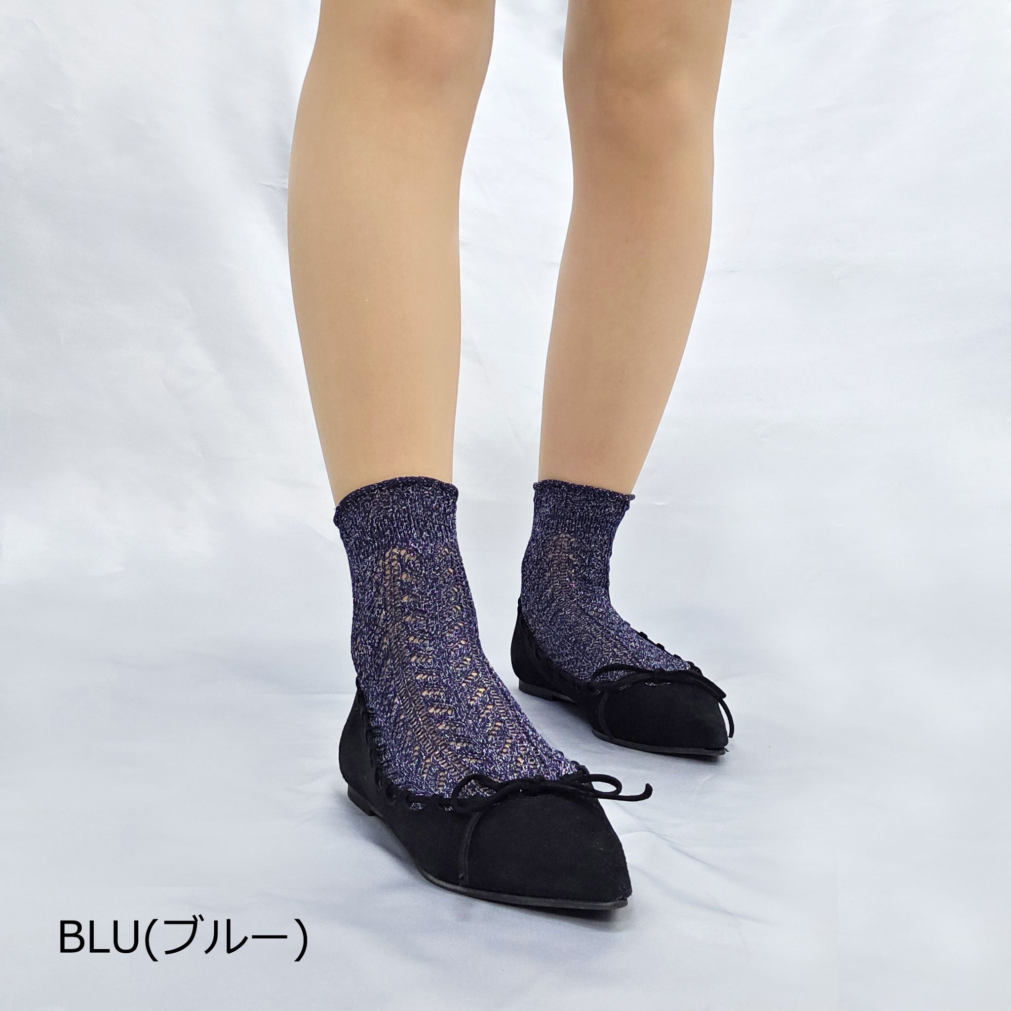 【トレド】ヘリンボーン柄のコットン・ラメクルーソックス